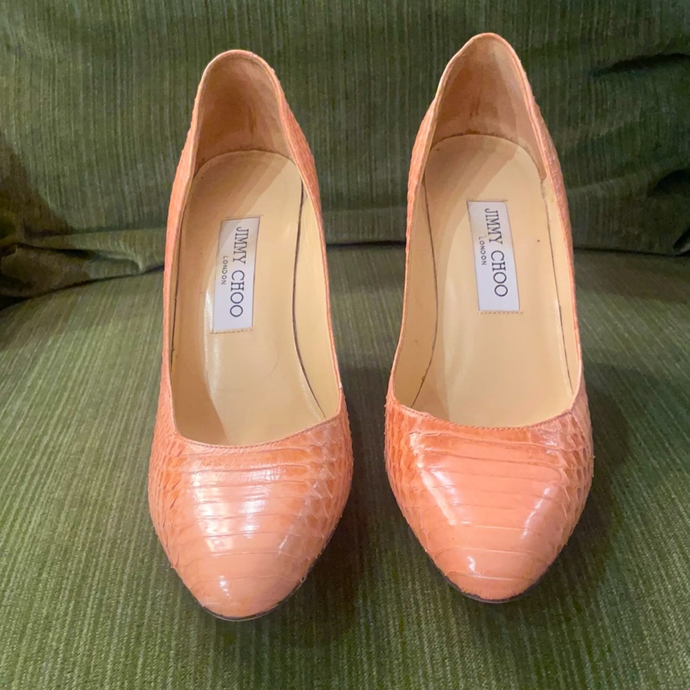 Pink Jimmy Choo faux snake skin pumps! Good as new!